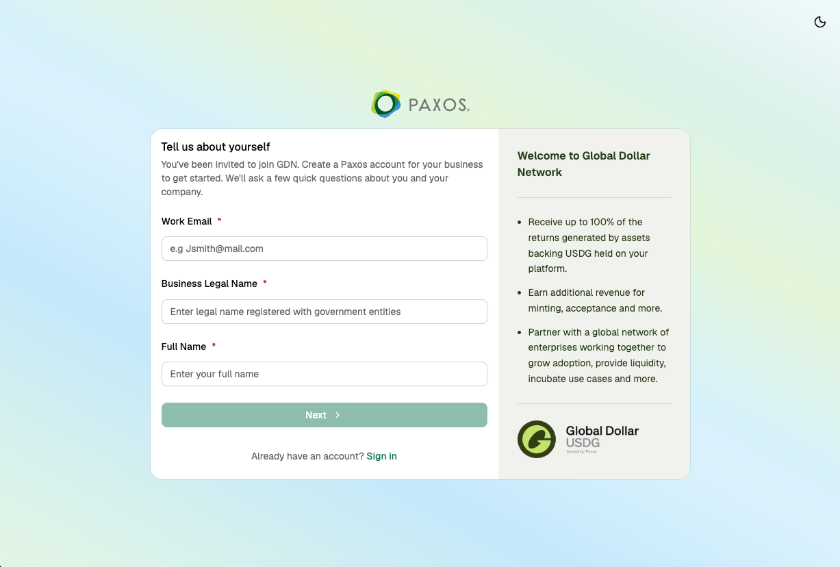 GDN sign-up page