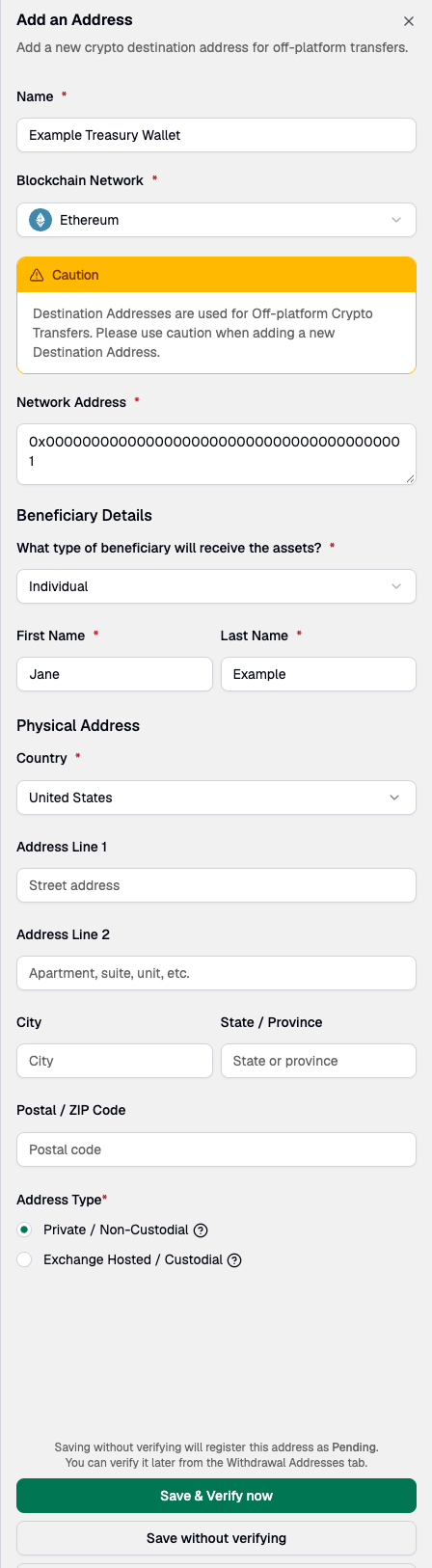 Add an Address panel with the name, blockchain network, network address, beneficiary details, and address type fields filled in with example values