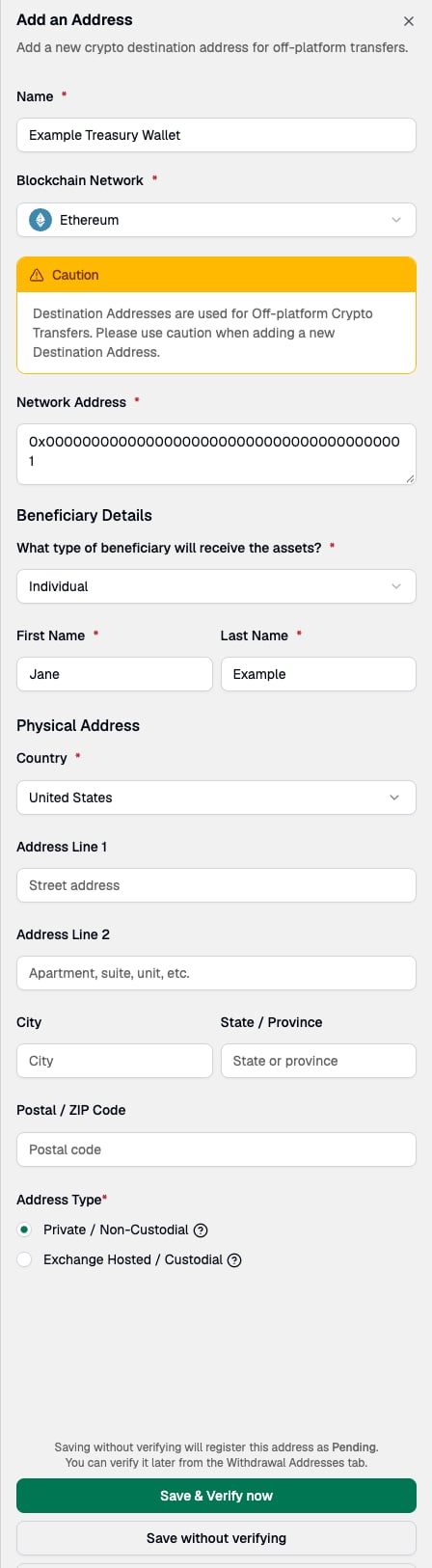 Add an Address panel with the name, blockchain network, network address, beneficiary details, and address type fields filled in with example values