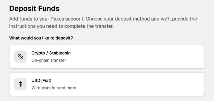 Deposit Funds screen with Crypto / Stablecoin and USD (Fiat) options