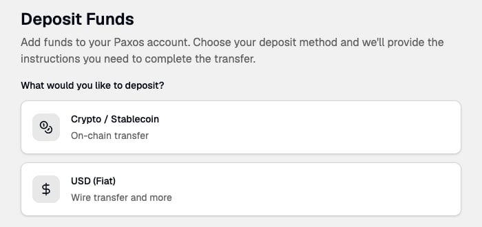 Deposit Funds screen with Crypto / Stablecoin and USD (Fiat) options