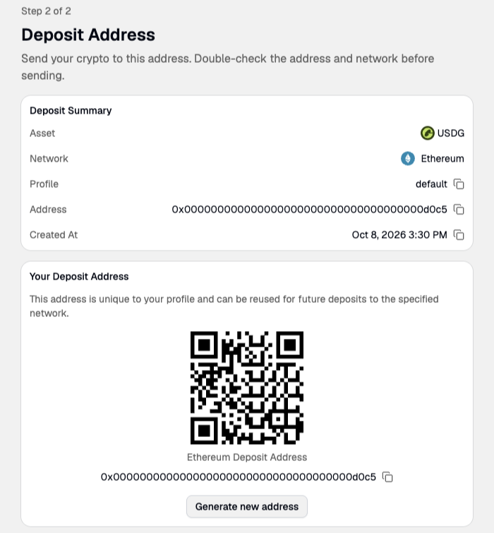 Generated crypto deposit address with summary and QR code