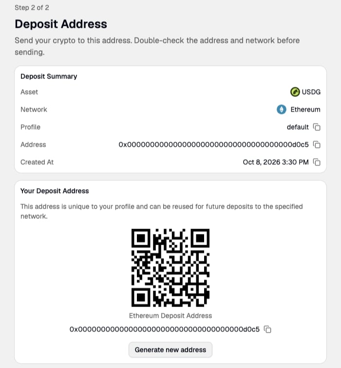 Generated crypto deposit address with summary and QR code