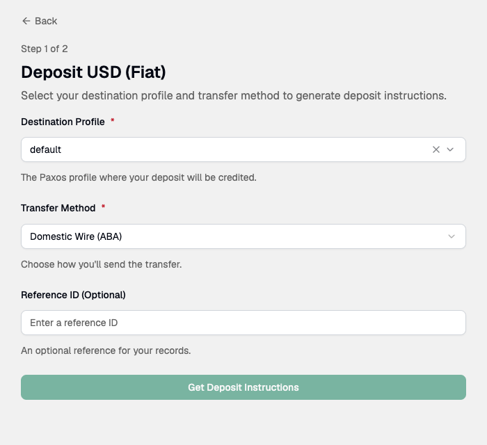 Deposit USD (Fiat) form with destination profile and transfer method selected