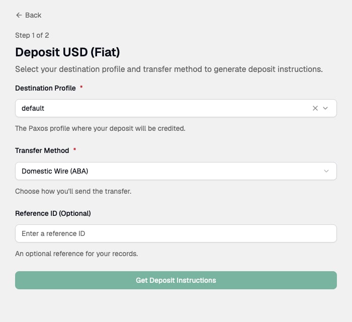 Deposit USD (Fiat) form with destination profile and transfer method selected