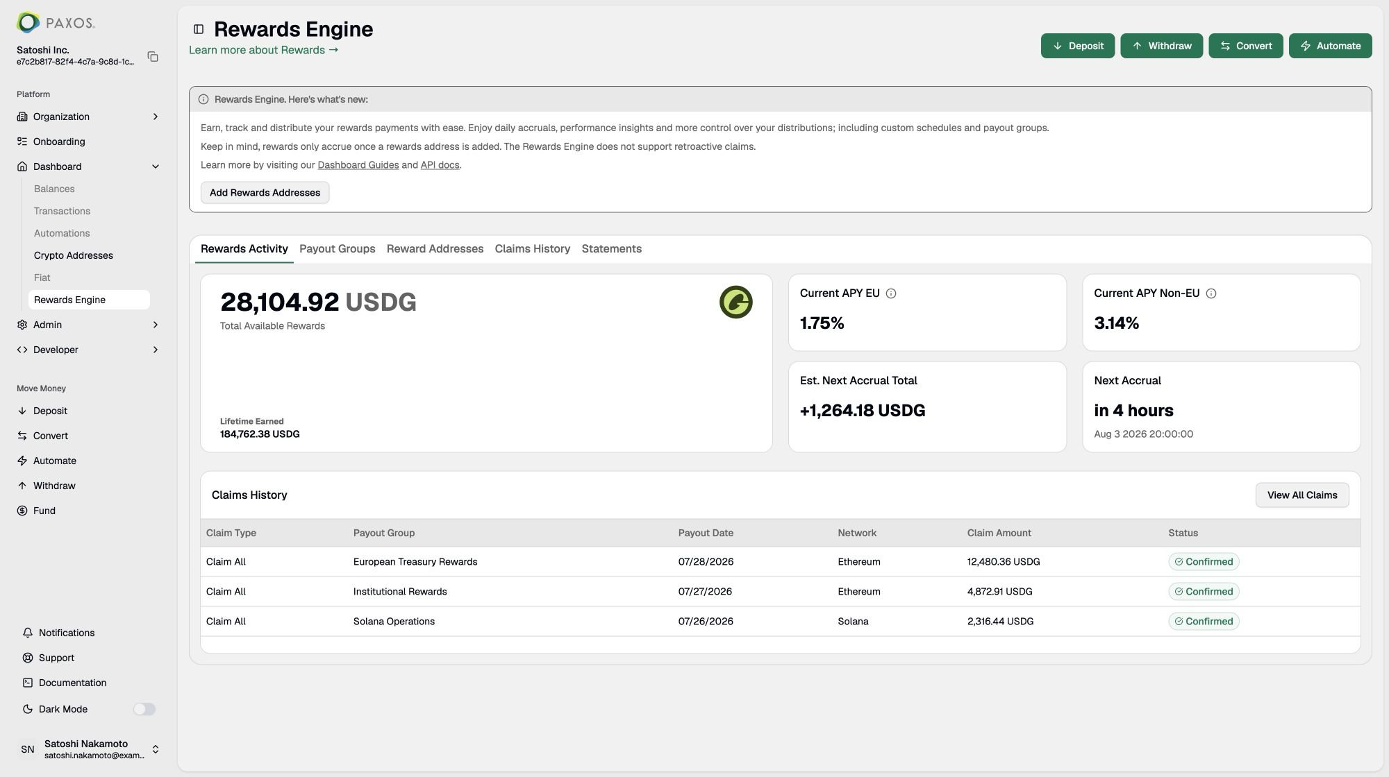 Rewards Engine Dashboard showing current APY by jurisdiction