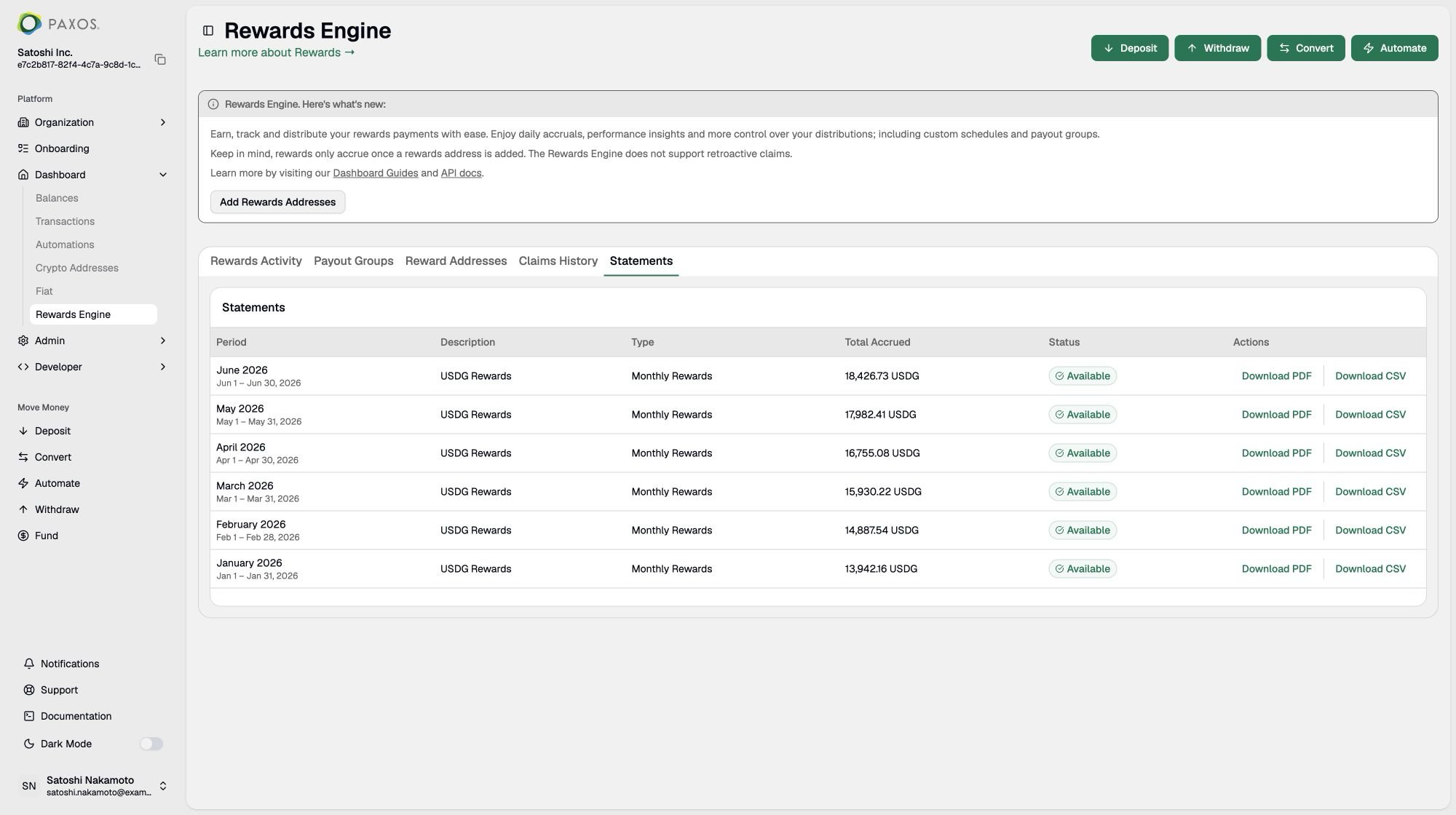 Rewards Engine Statements tab with monthly statements available for download