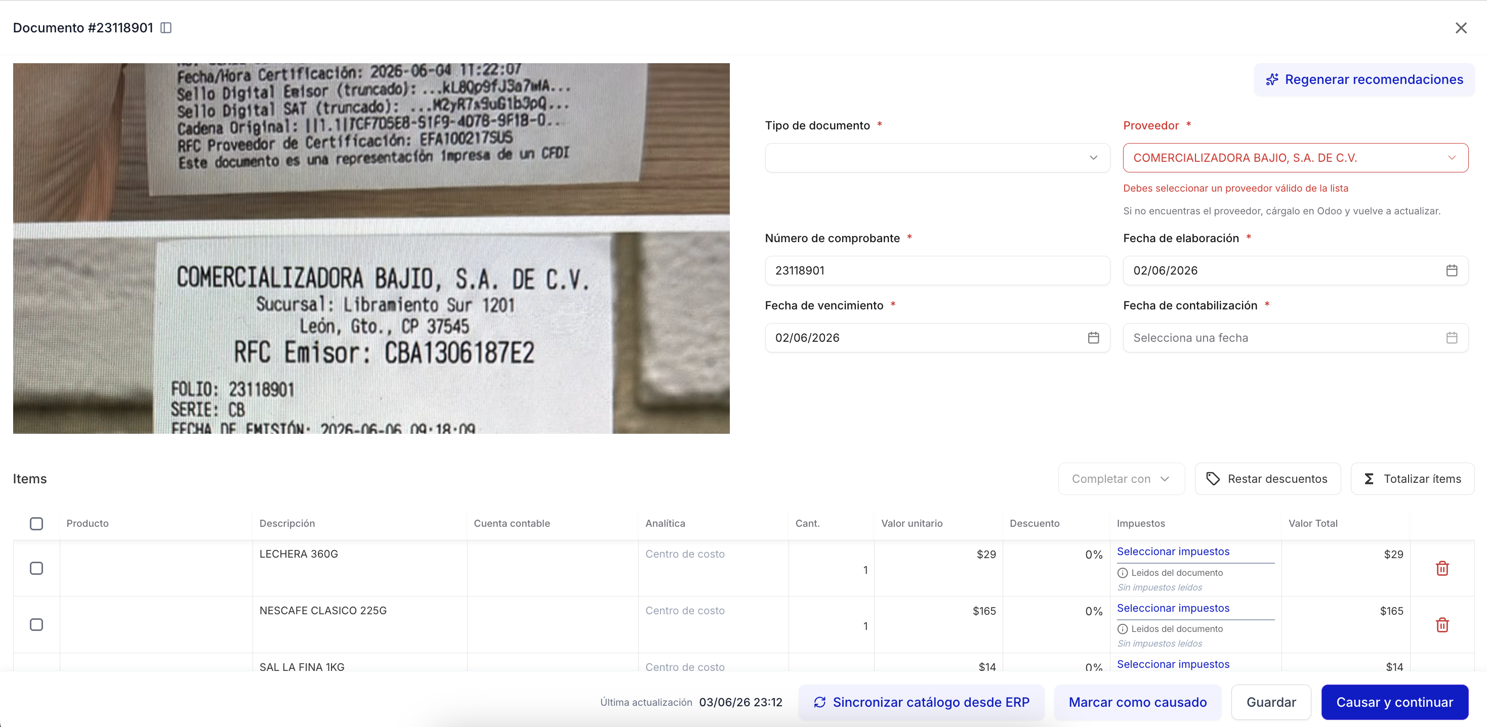 Formulario de causación en Payana