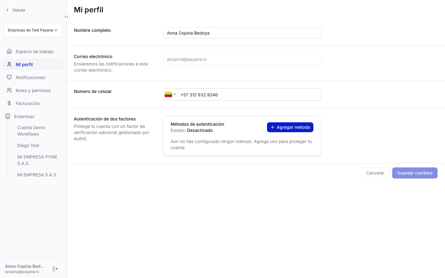 Sección Autenticación de dos factores en el perfil, con la tarjeta Métodos de autenticación y el botón Agregar método
