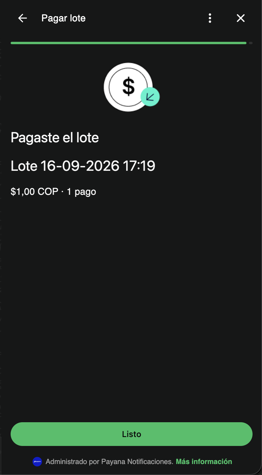 Pantalla de WhatsApp confirmando «Pagaste el lote»