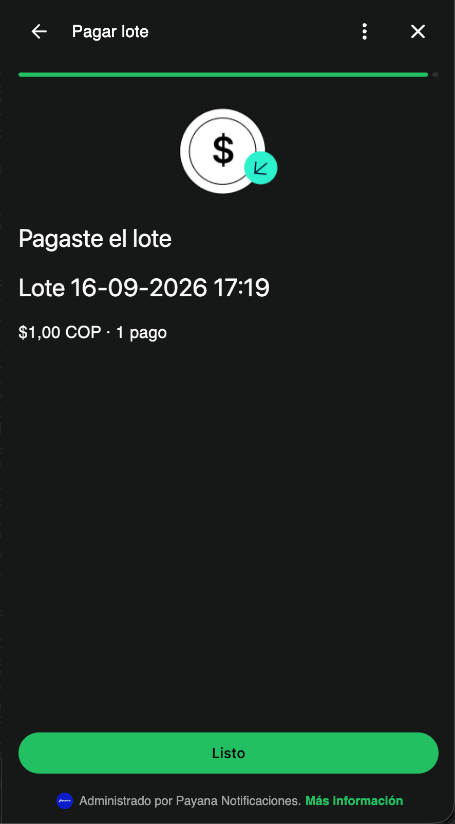 Pantalla de WhatsApp confirmando «Pagaste el lote»