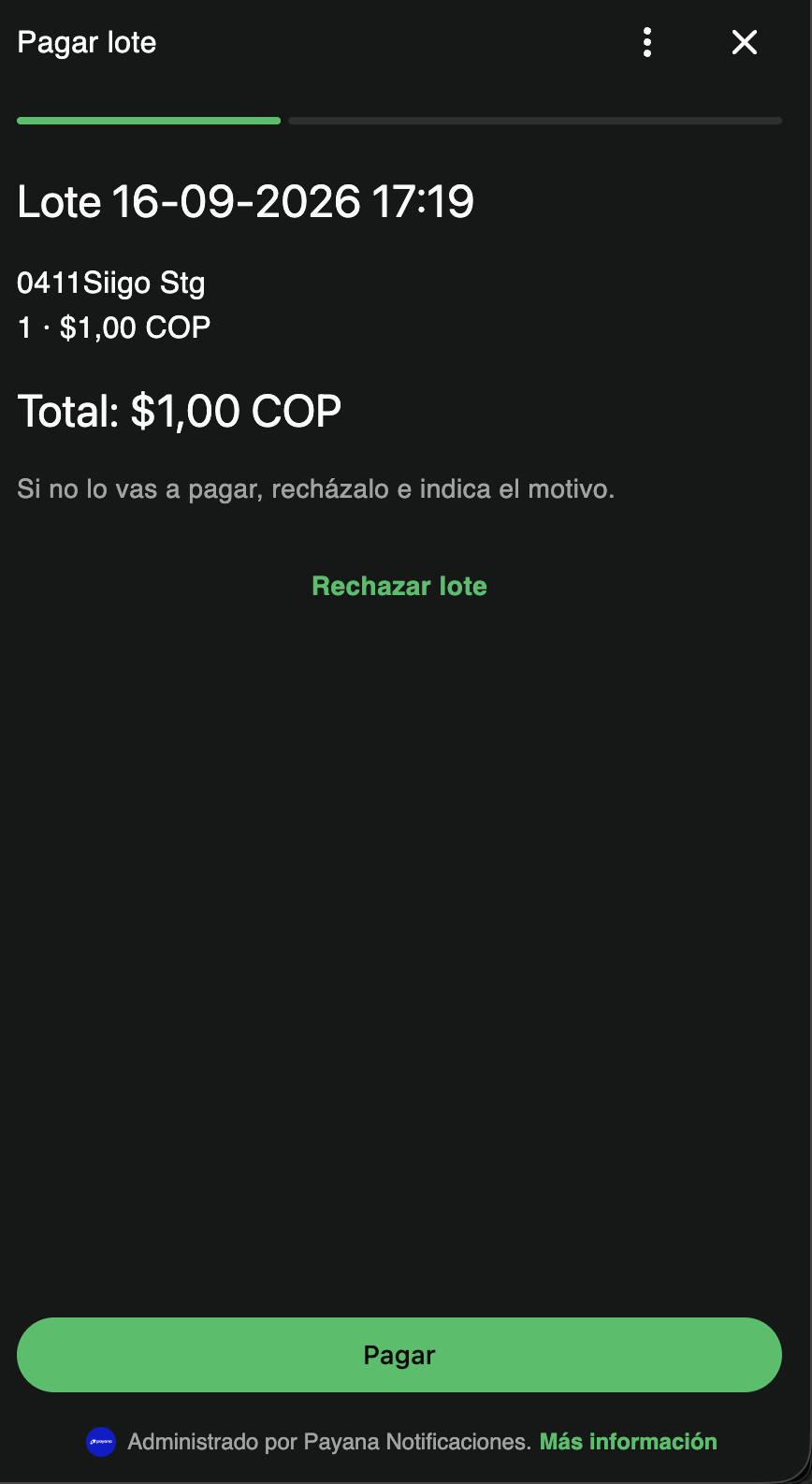 Mensaje de WhatsApp con el resumen del lote y el botón Pagar