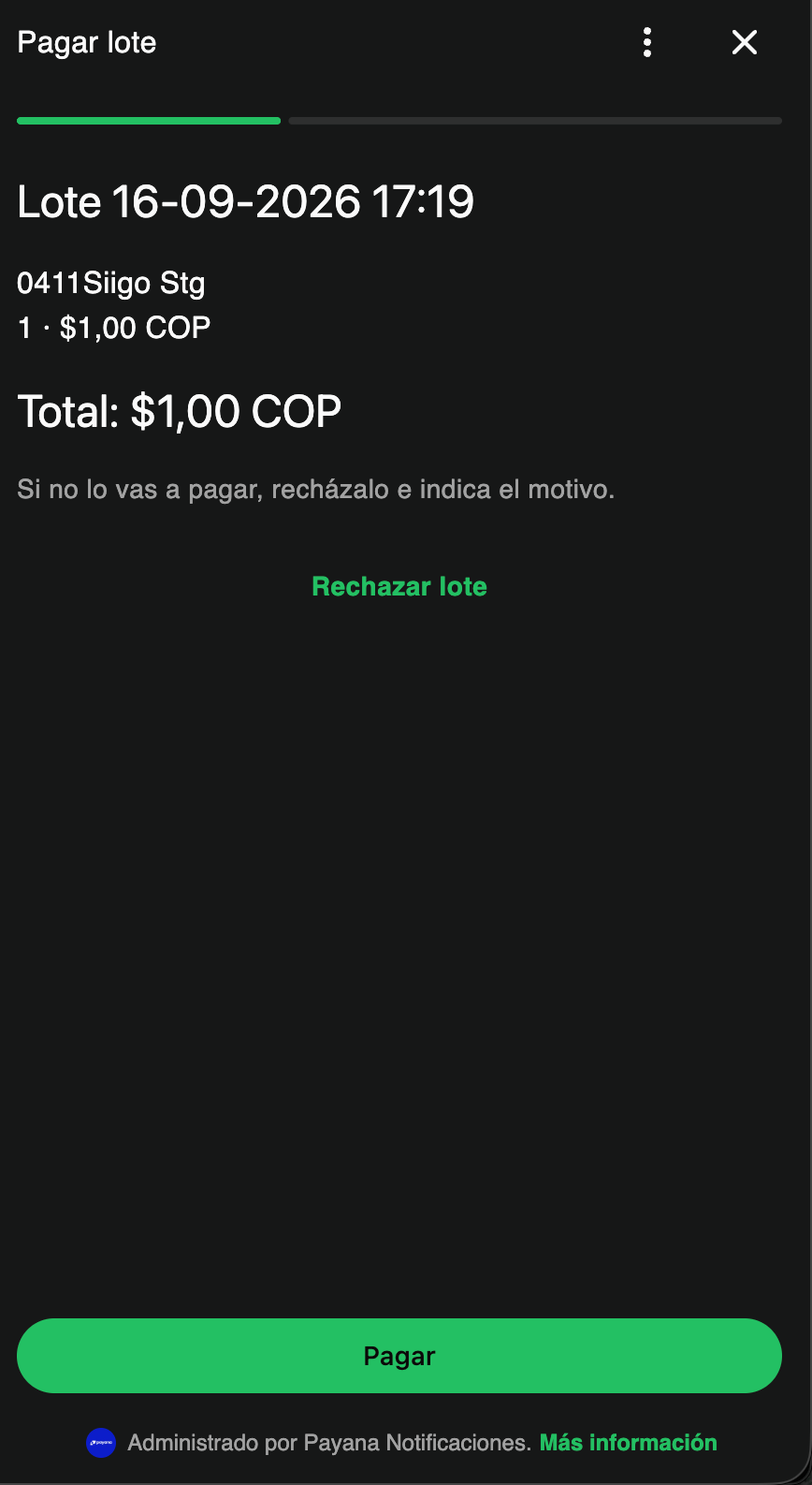 Mensaje de WhatsApp con el resumen del lote y el botón Pagar