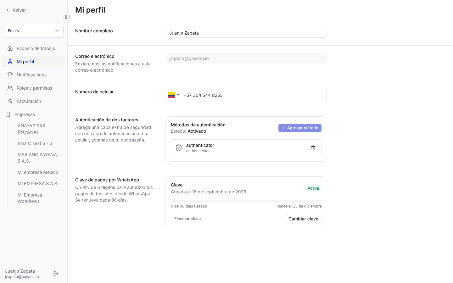 Tarjeta Clave de pagos por WhatsApp en el perfil, en estado Activa