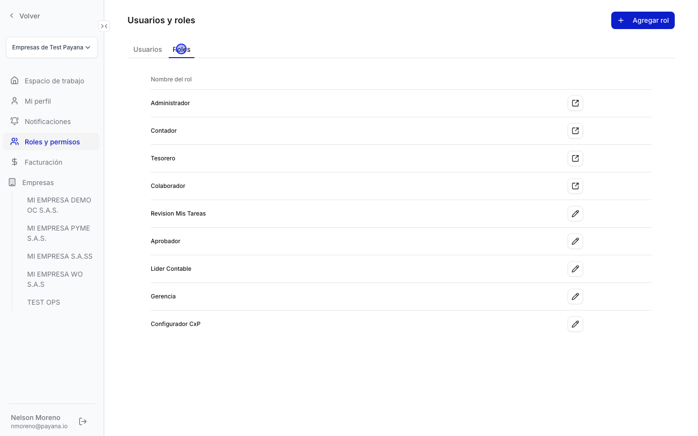 Pestaña Roles con la lista de roles existentes y el botón Agregar rol