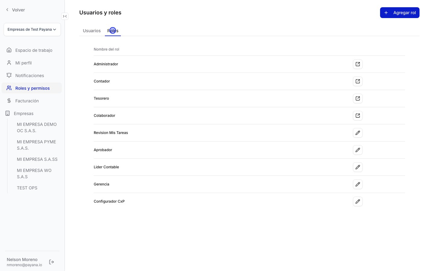 Pestaña Roles con la lista de roles existentes y el botón Agregar rol