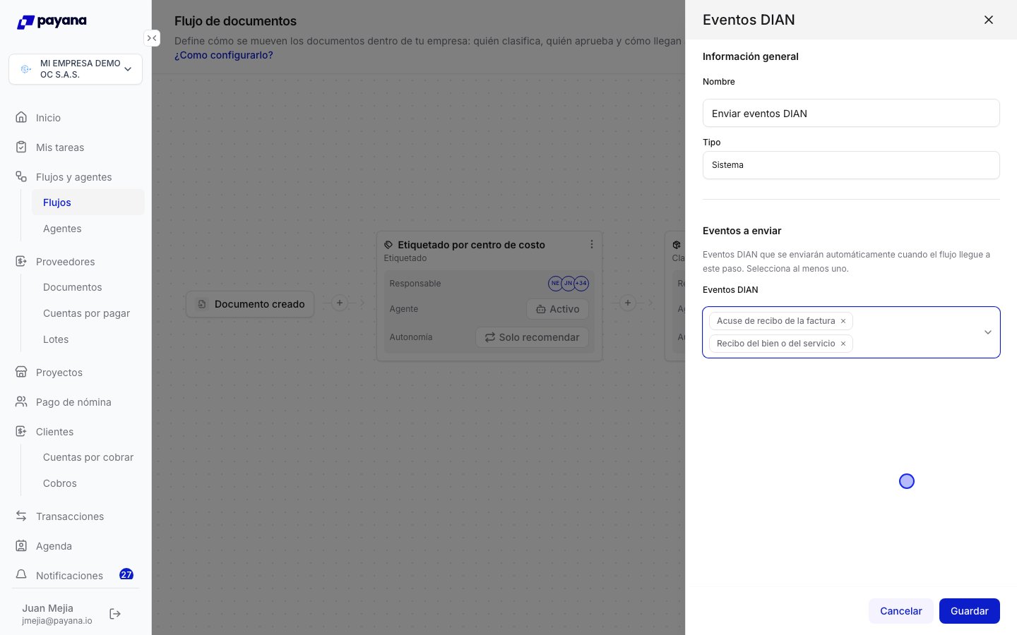 Sección Eventos a enviar de un paso de Eventos DIAN