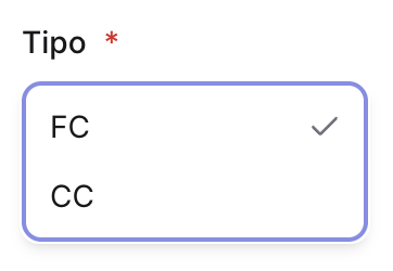 Selector de Tipo en el detalle de causación, con las opciones FC (factura) y CC (comprobante contable)