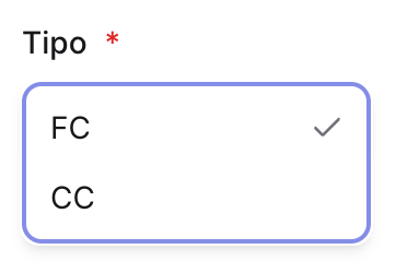 Selector de Tipo en el detalle de causación, con las opciones FC (factura) y CC (comprobante contable)
