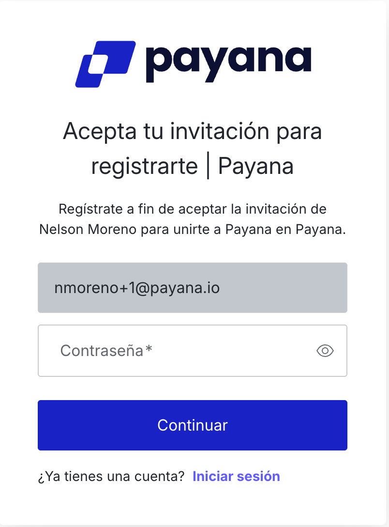 Pantalla para aceptar la invitación y definir la contraseña de acceso