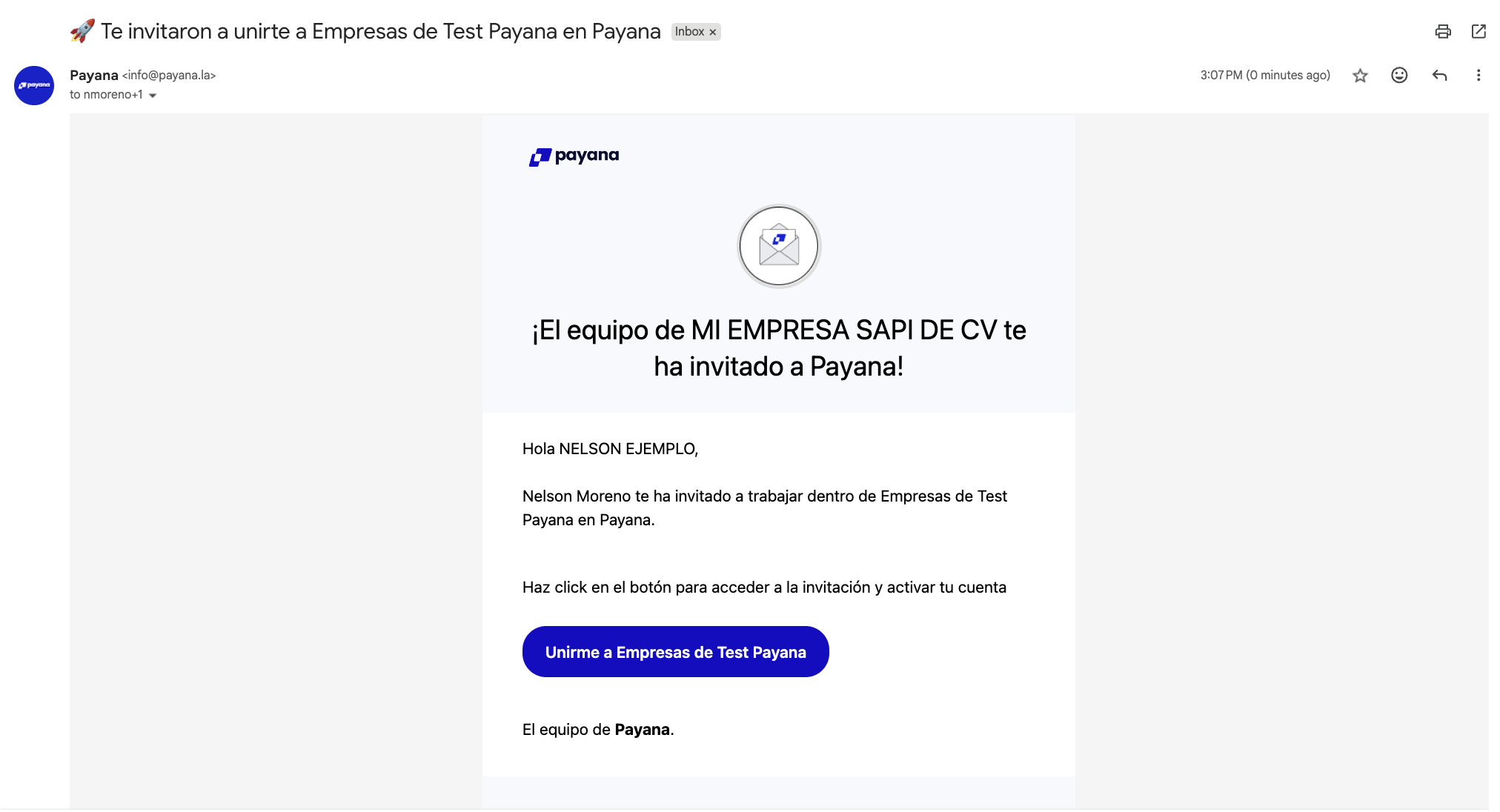 Correo de invitación de Payana con el botón para unirse al espacio de trabajo