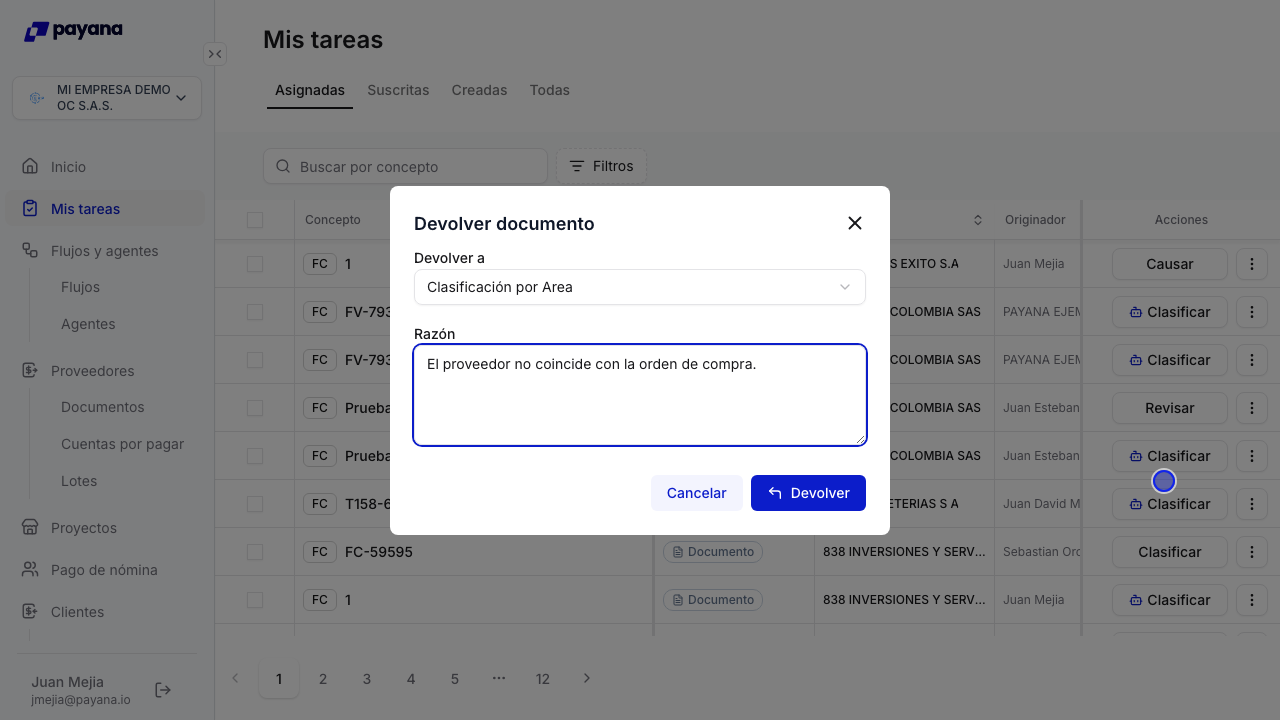 Diálogo Devolver documento con el campo de motivo