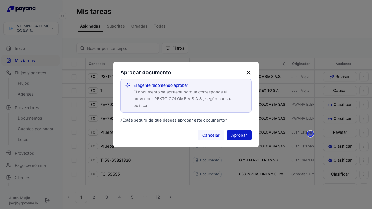 Diálogo de aprobación con la recomendación del agente
