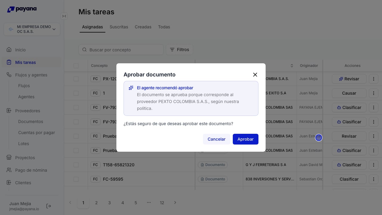 Diálogo de aprobación con la recomendación del agente