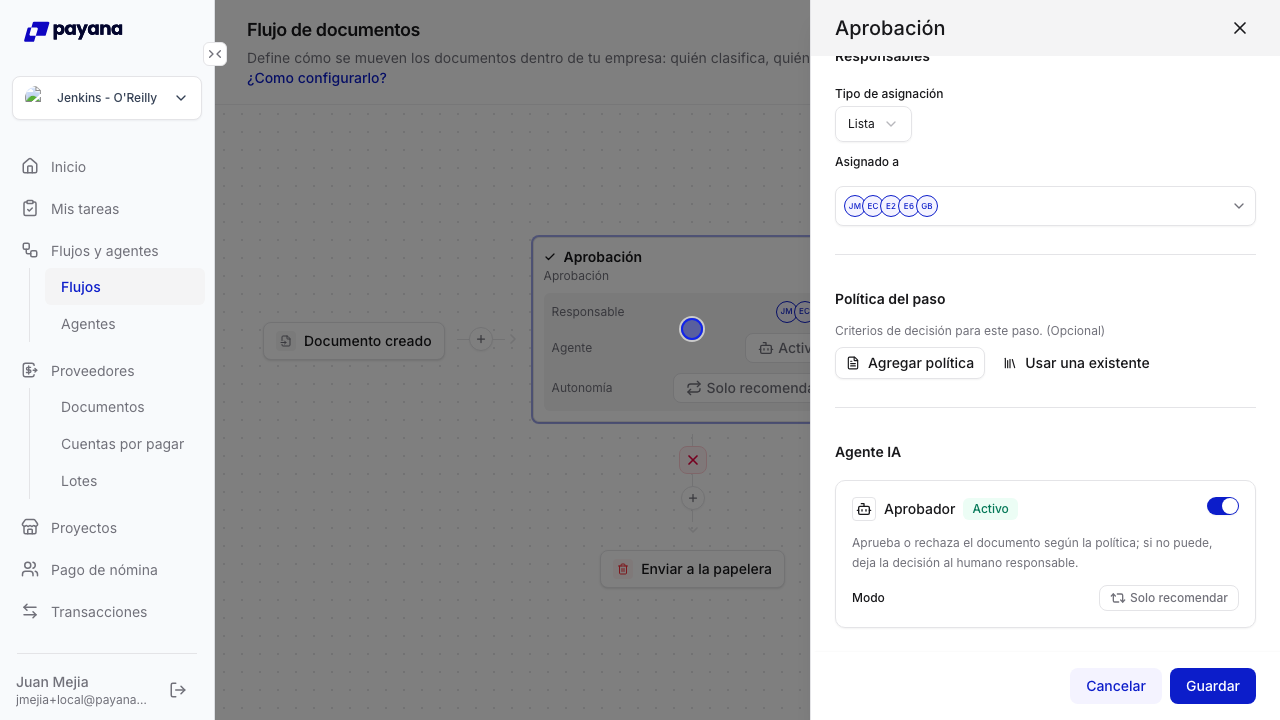 Sección Agente IA de un paso, con el interruptor y el selector de modo