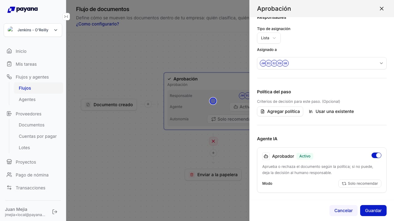 Sección Agente IA de un paso, con el interruptor y el selector de modo