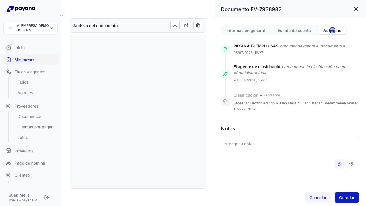 Panel de actividad del documento con una entrada del agente