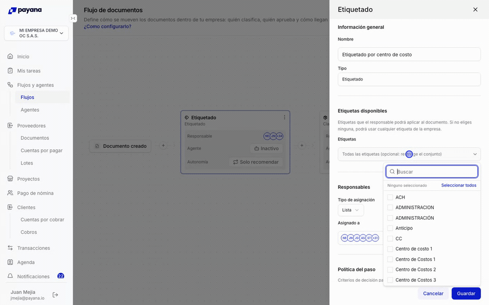 Seleccionar las etiquetas disponibles (Centro de Costos) de un paso de etiquetado