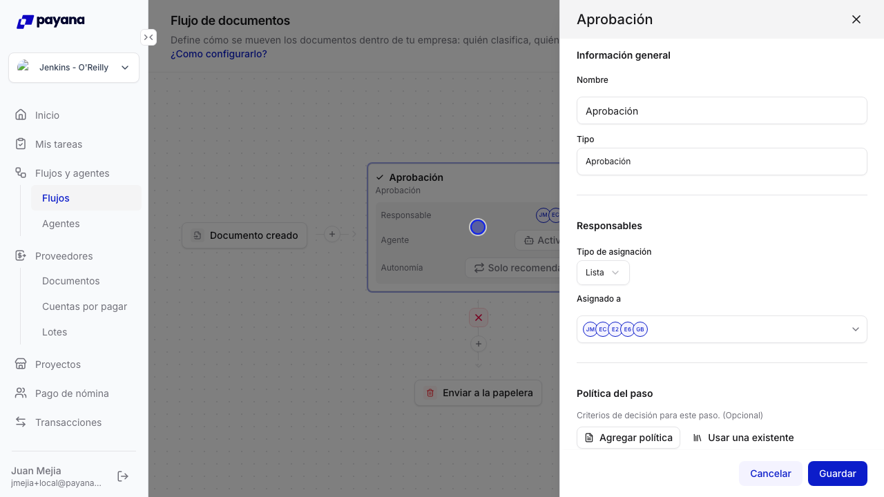 Panel de configuración de un paso de aprobación