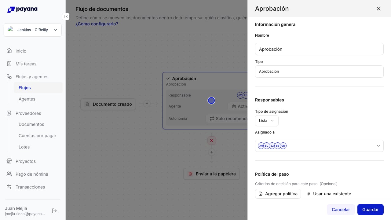 Panel de configuración de un paso de aprobación