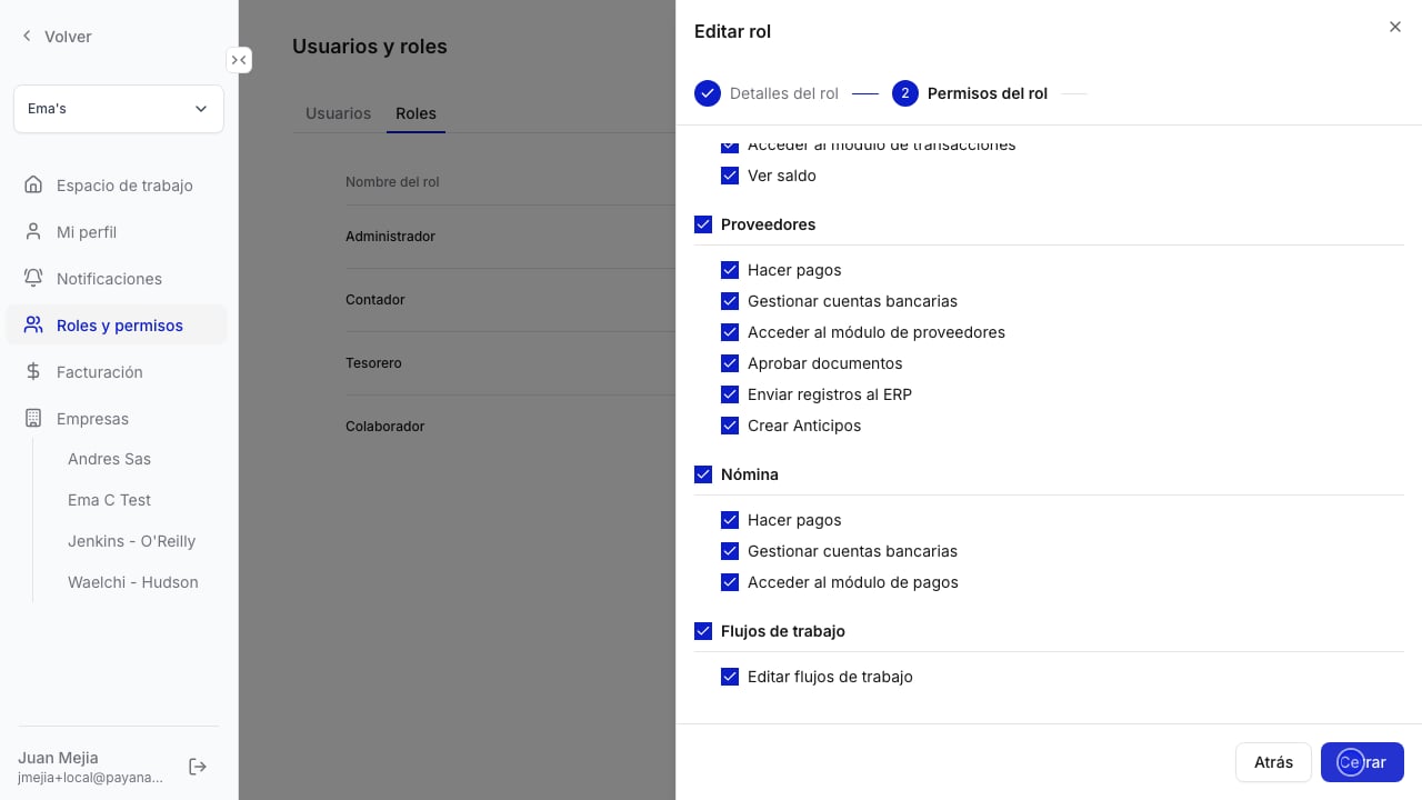 Permiso Editar flujos de trabajo en la edición de un rol