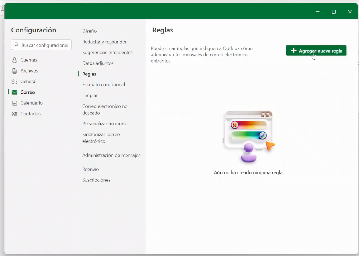 Pantalla de reglas de Outlook sin reglas creadas
