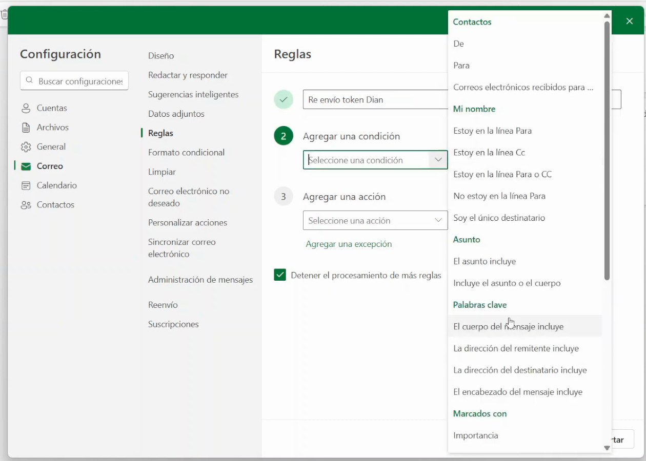 Lista de condiciones con El cuerpo del mensaje incluye
