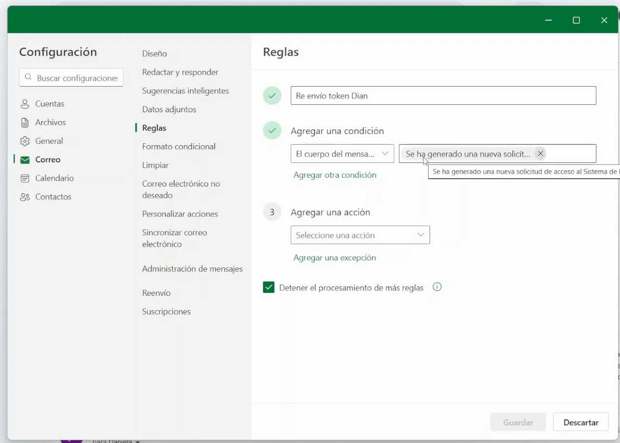 Regla con la condición del cuerpo del mensaje configurada