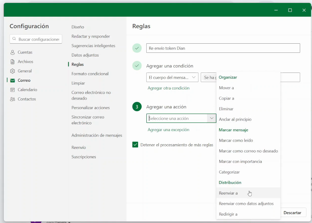 Lista de acciones con Reenviar a