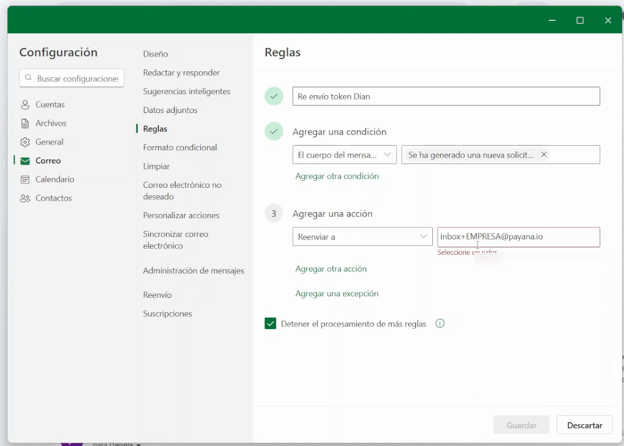 Acción Reenviar a con el correo de Payana