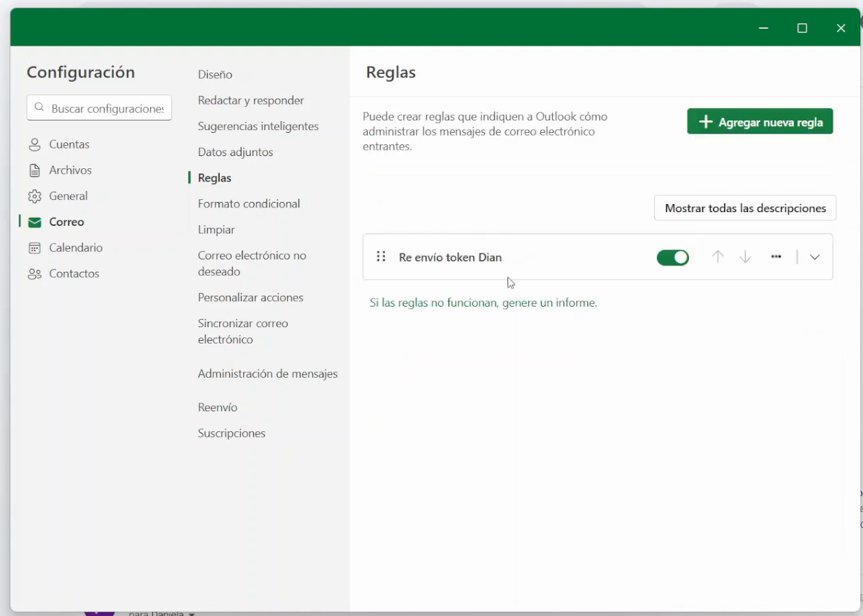 Lista de reglas con la regla de reenvío activa