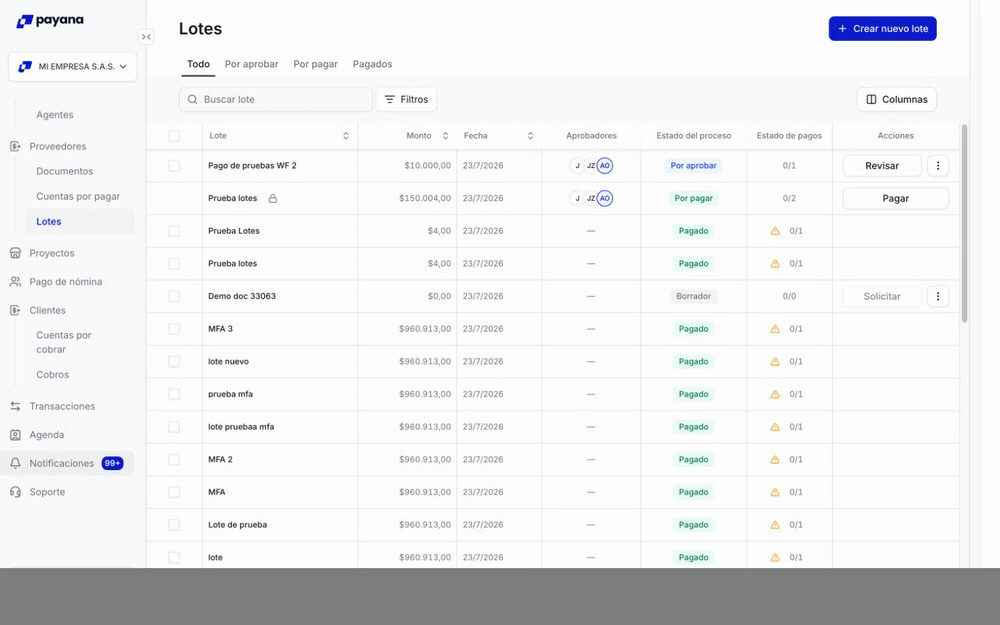 Panel de notificaciones, detalle del lote y acción Aprobar