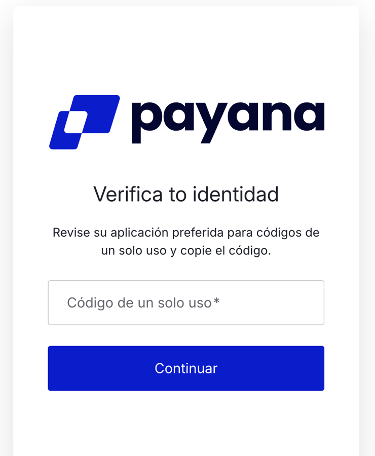 Pantalla «Verifica tu identidad» con el campo de código de un solo uso y el botón Continuar