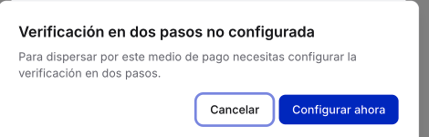 Modal «Verificación en dos pasos no configurada» con la opción Configurar ahora