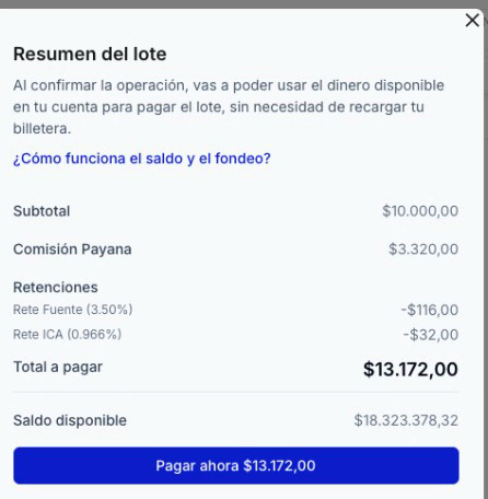 Detalle del Resumen del lote con subtotal, comisión, retenciones y total a pagar
