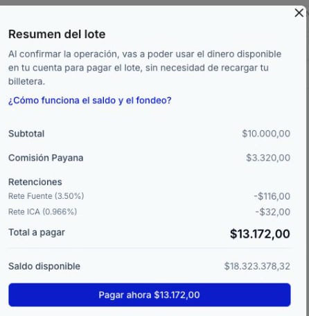 Detalle del Resumen del lote con subtotal, comisión, retenciones y total a pagar