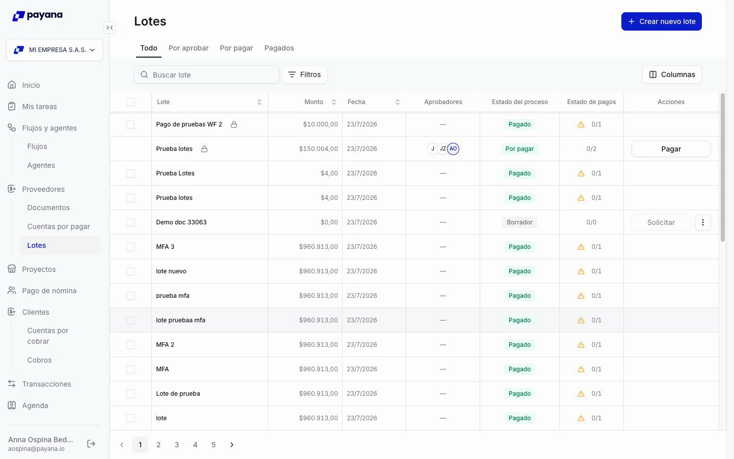 Lista de lotes con el lote en estado Pagado