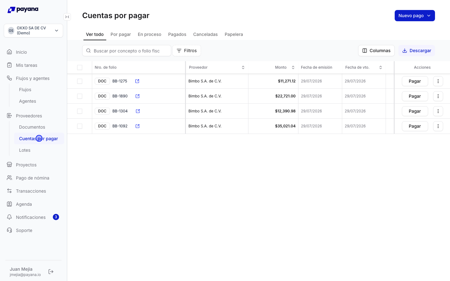 Listado de Cuentas por pagar con el documento nuevo y el botón Pagar