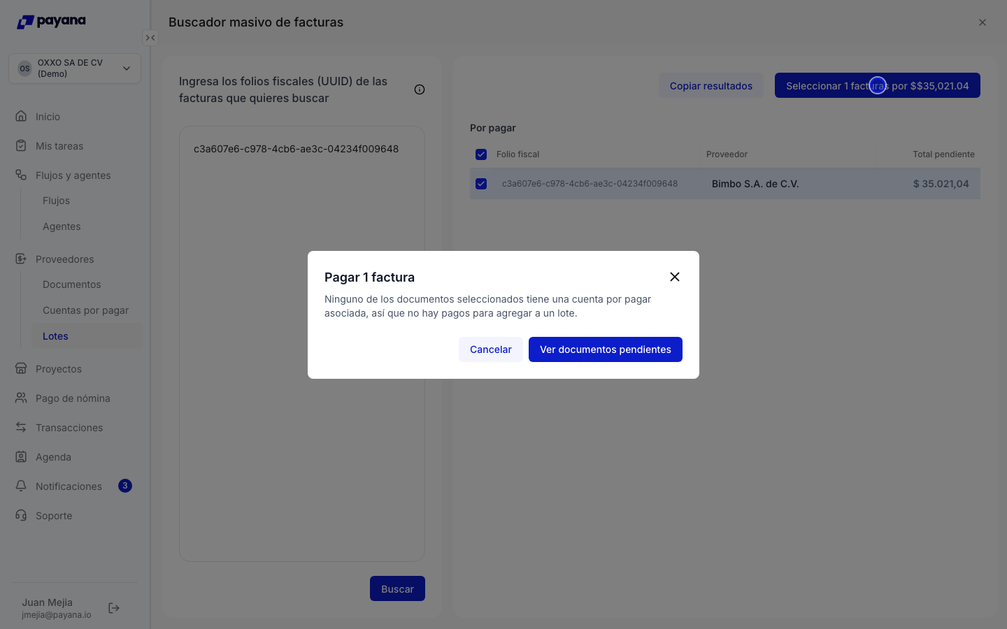 Modal Pagar 1 factura indicando que ninguno tiene cuenta por pagar asociada