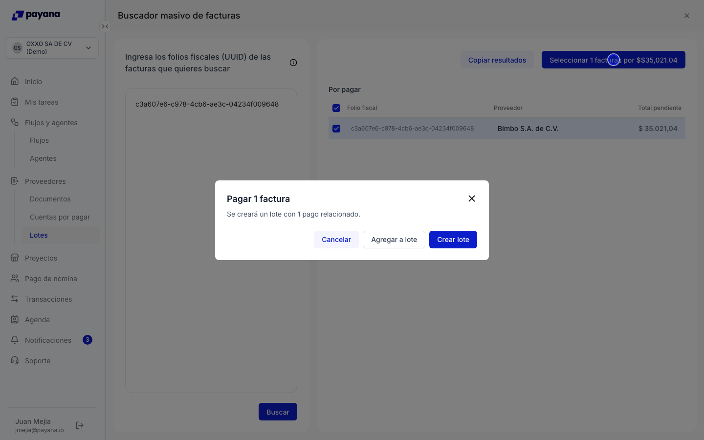 Modal Pagar con el mensaje Se creará un lote con 1 pago relacionado